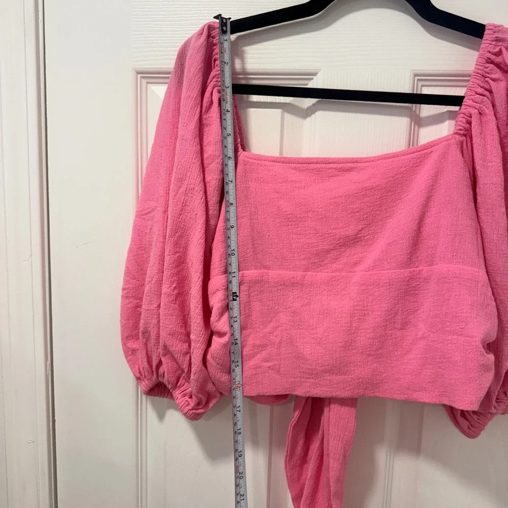 Free People Jens Pirate Booty Pink Puff Sleeve Crop Top Square Neck Smocked S